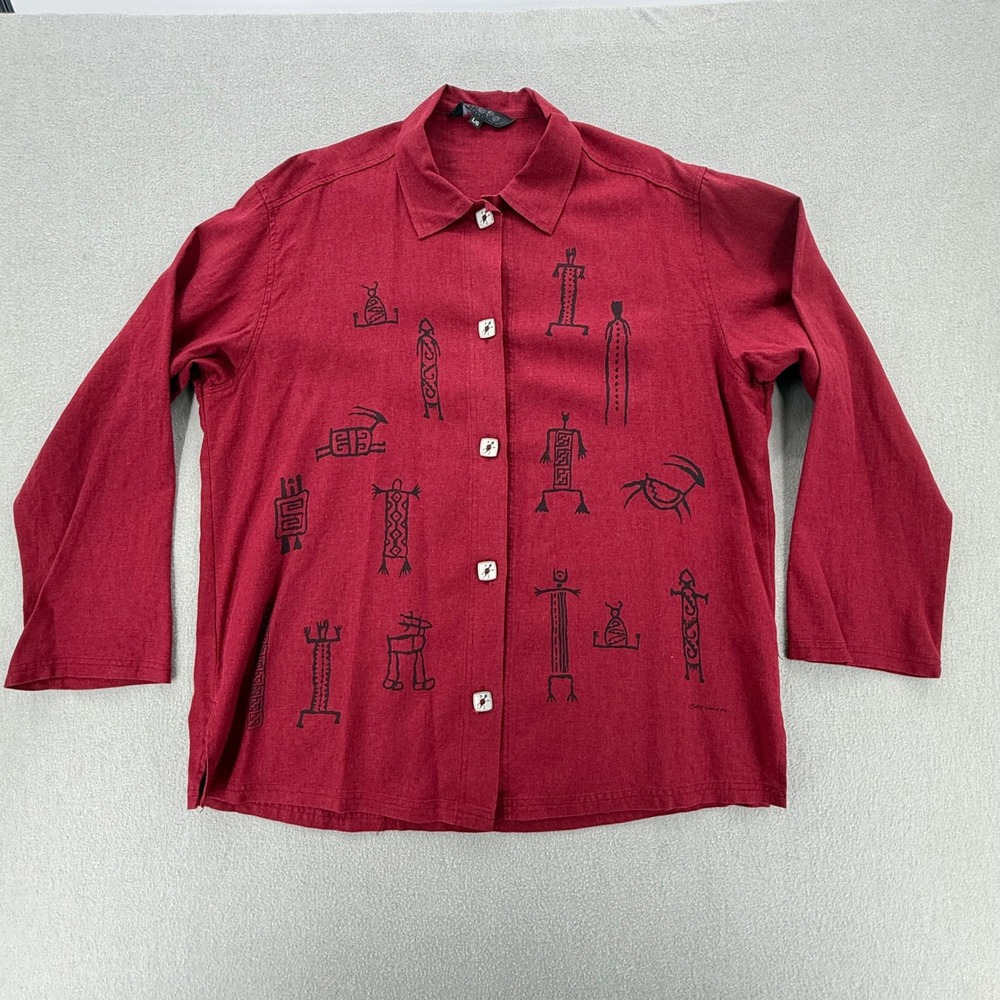 Bfofo Stuart Folk Wearable Art Linen Blend Petroglyph Lizard Shirt Women L
